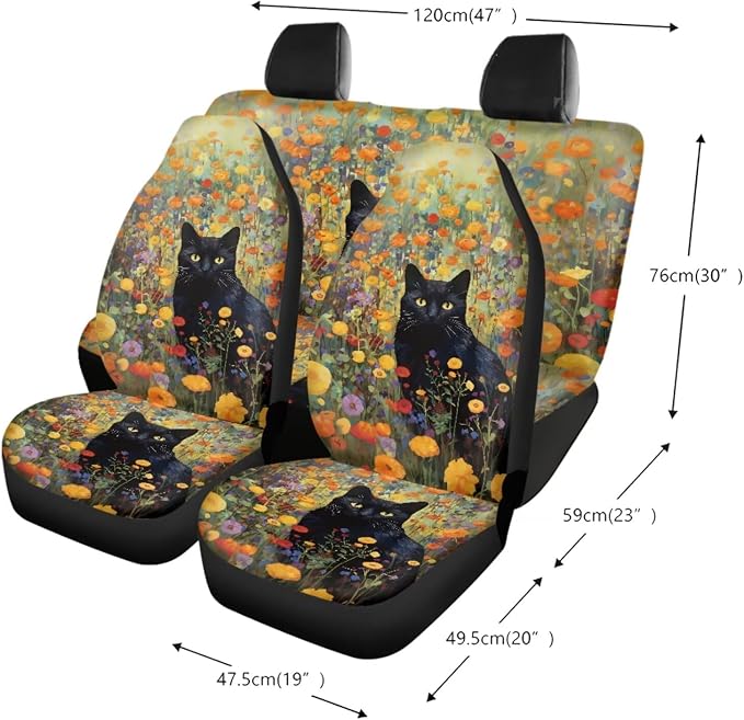 Cat Flower Print Car Interior Accessories Pack of 13, Car Seat Covers Full Set with Anti Slip Backing + Steering Wheel Cover + Seat Belt Pads + Coasters Interior Covers for SUV Truck Van