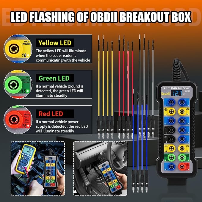 OBD2 Breakout Box with LED Light Indicator, Professional 16-Pin OBDII Breakout Box, Portable Automotive Electrical Diagnostic Test Tool with16pcs 4mm Banana Jump Wire