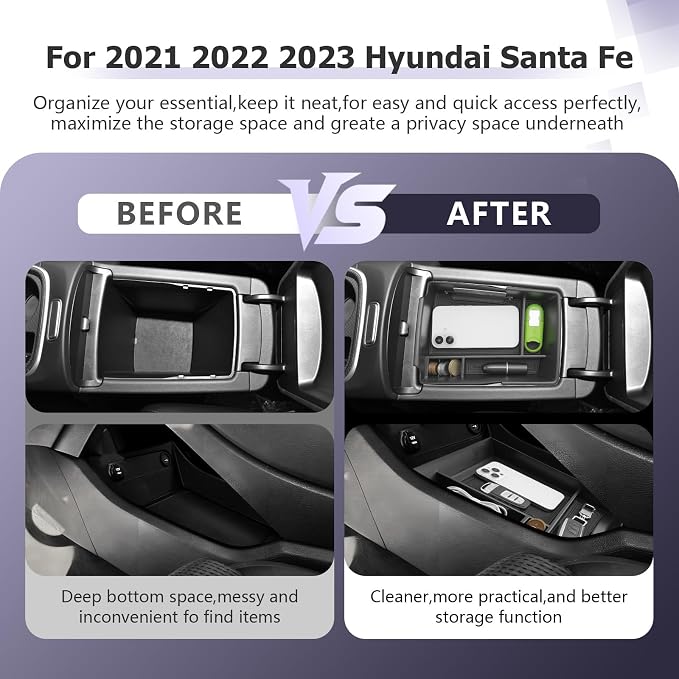 LUWU Santa Fe Accessories for 2021 2022 2023 Hyundai Santa Fe SE/SEL/XRT/Limited/Calligraphy Accessories Lower Center Console Organizer, Armrest Console Tray Storage Box Black 2-Pack