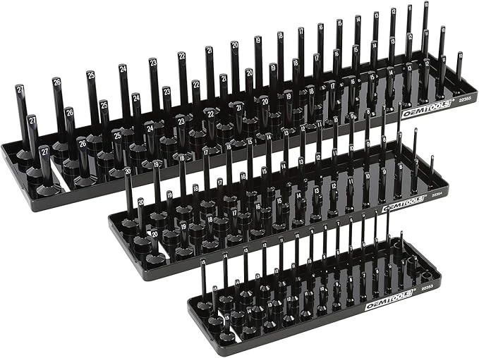 OEMTOOLS 22338 3-Post Metric Socket Tray Set, 3 Piece, Deep, Shallow, and Impact 3 Row Socket Organizer for Tool Box Drawer, Holds 141 Tools, 1/4, 3/8, and 1/2 Inch Drive, Metric, Black