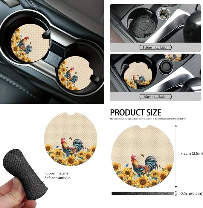 Rooster Chicken Sunflower Butterfly Print Car Interior Accessories Set of 13, 4 PCS Auto Front and Back Seat Covers, 1 Steering Wheel Cover, Seat Belt Pads Set of 4, 4 Pieces Cup Coasters