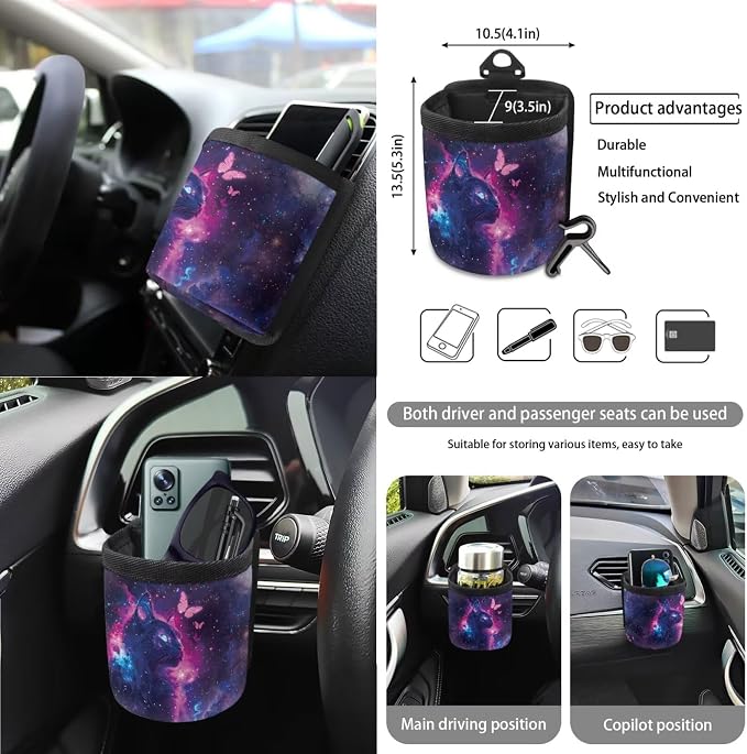 Cat Galaxy Butterfly Pattern Car Seat Covers Full Set Steering Wheel Cover Trash Can Air Vent Storage Bag Seatbelt Covers Rearview Mirror Cover Cup Coasters 15pcs Car Interior