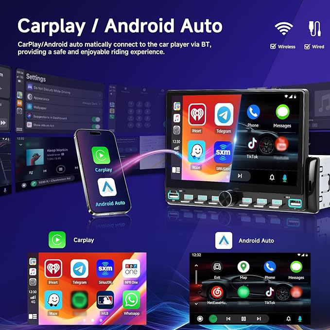 Wireless Apple CarPlay Single Din Car Stereo Bluetooth 7 Inch Touch Screen Android Auto with Bluetooth FM 7 Color Lights EQ Oline Video for Truck & Jeep