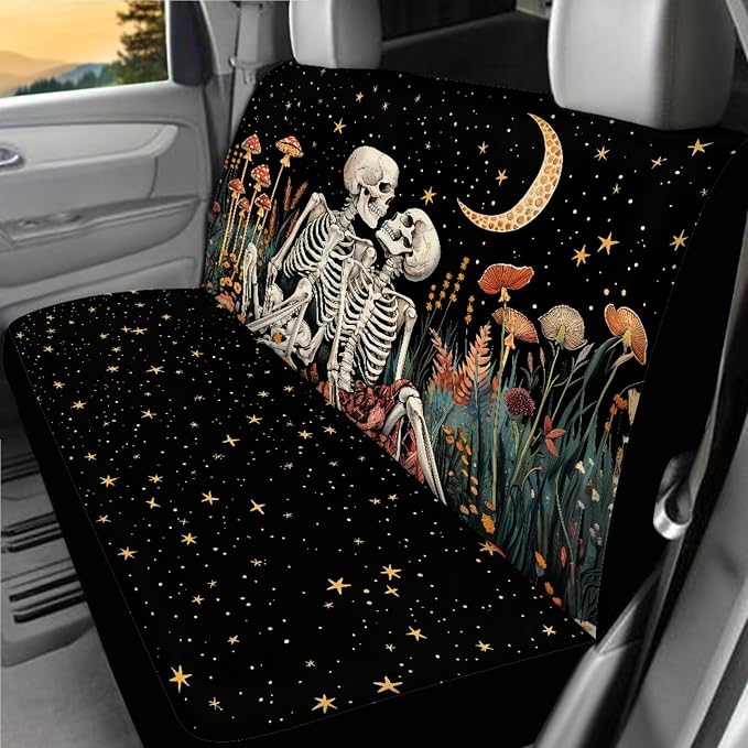Skull Car Seat Covers Full Sets 18 Pcs Universal Car Interior Accessories Sets with Gothic Skeleton Steering Wheel Car Covers Washable Car Headrest Covers Hanging Car Trash Can,Universal Fit