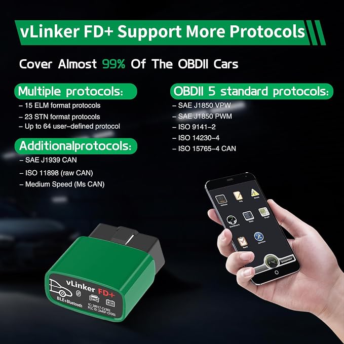 VGATE vLinker FD+ OBDII Scanner OBD2 Bluetooth Automotive Scanner Diagnostic Tool for iOS, Android & Windows, Code Reader and Reset for Car Truck Check Engine Code Read and Clear & Scan Tools