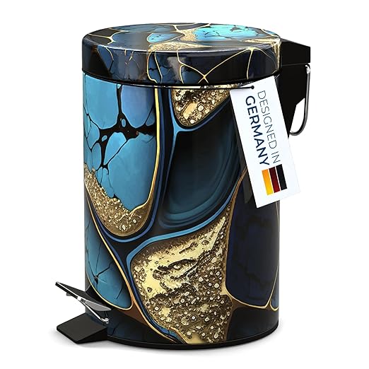 Sanilo Small Bathroom Trash Can with Lid [1.3 Gallon] - Lidded Tiny Trashcan for Garbage - Mini Metal Bin with Soft Closing Mechanism - Bath Room Accessoire Wastebin with Inner Bucket (Marble Cobalt)