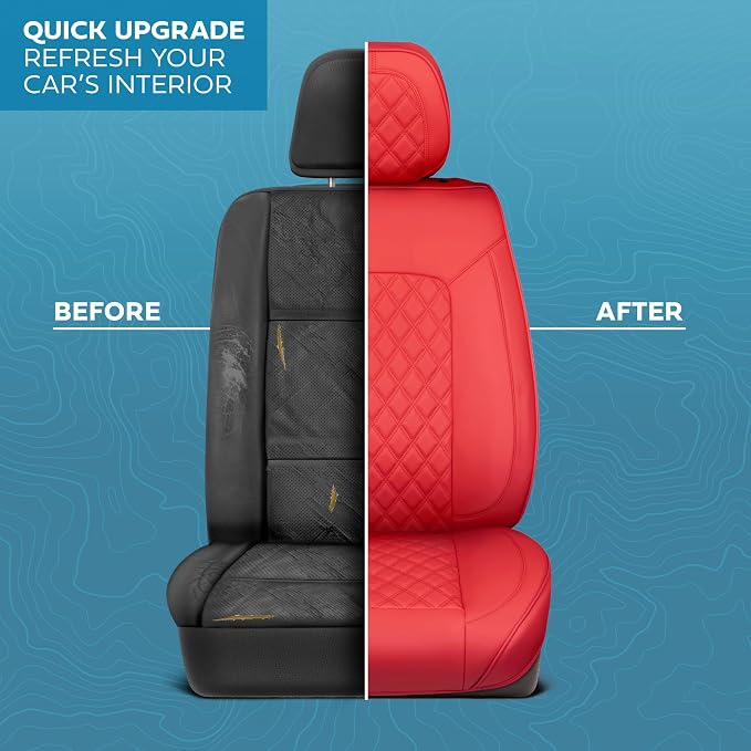 MotorBox Haven Series Napa Leather Seat Covers for Cars, Lux Edition Diamond Stitched Front Seat Covers, Premium PU Leatherette Red Car Seat Covers for Cars Trucks SUVs
