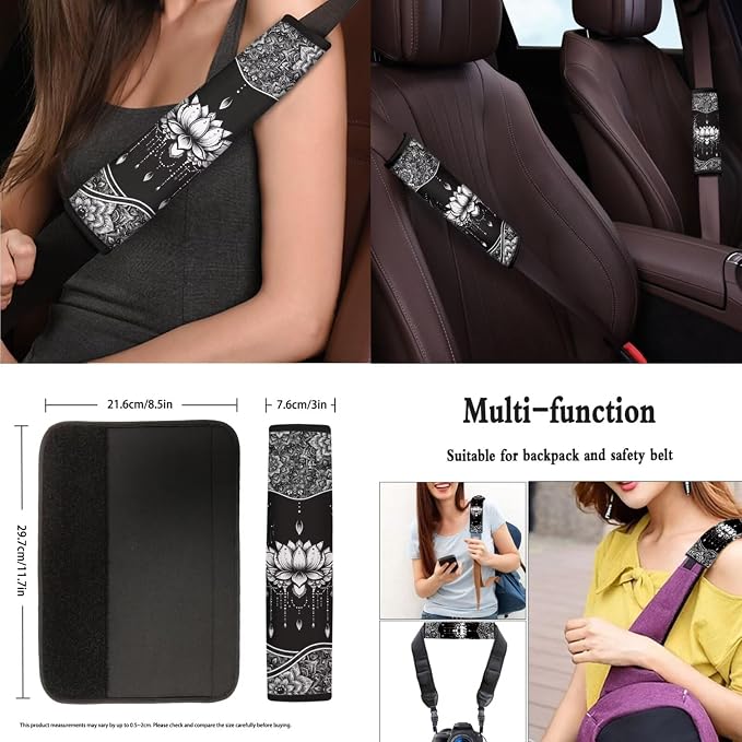 POLERO Boho Car Accessories Car Seat Covers Full Set Womens Aesthetic Mandala Floral Steering Wheel Cover Seat Belt Cover Pad Cup Holder Coasters Keychain Sets 11pcs