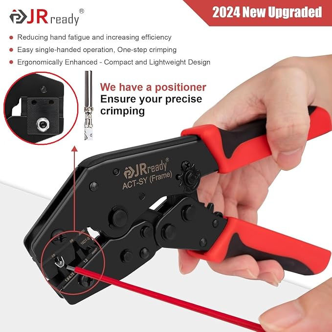 JRready ACT-SY-16DT-S 3rd-Gen Deutsch DT Crimp Tool for 16# Stamped & Formed Contacts, One-Cycle Ratcheting Crimper with Positioner, 16-18 AWG, for Amphenol AT