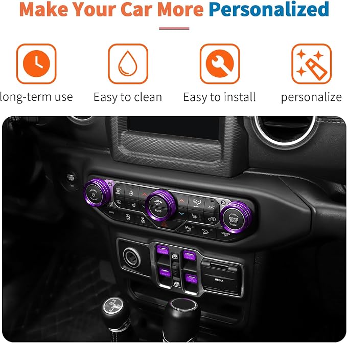 JeCar 8-Piece Aluminum Switch Button Knob Covers for 2018-2025+ Jeep Wrangler JL JLU & Gladiator JT Window Switch Button Cover, Radio, Air Conditioner, Headlight Switch Knob Cover (Purple)