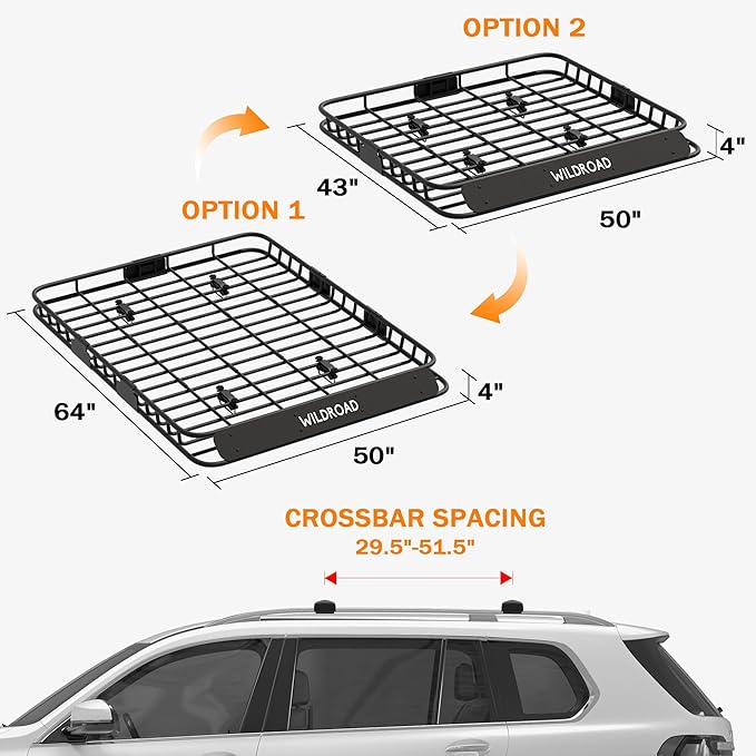 Wildroad Roof Rack Cargo Basket, Upgraded 4” Fence Wide Car Roof Basket Combo, 64"x 50"x 4" Universal Roof Cargo Carrier Basket with Cargo Bag, Cargo Net and Ratchet Straps Fits for SUV Truck Cars