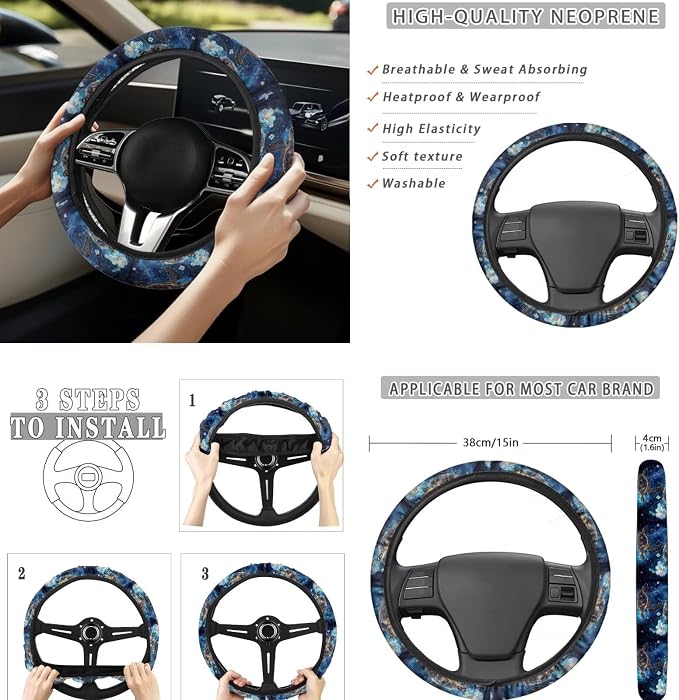 8 Pcs Galaxy Turtle Car Seat Covers Set for Women Universal Full Set with Steering Wheel Cover Armrest Pad Seatbelt Covers for Auto SUV Interior Decoration