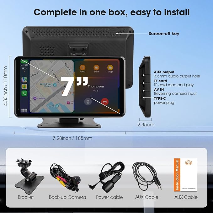 Haudio 7" Portable Wireless CarPlay & Android Auto Car Stereo with Backup Camera, 7" HD Touch Screen, GPS, Voice Control, Plug & Play for Older Cars - Universal Fit