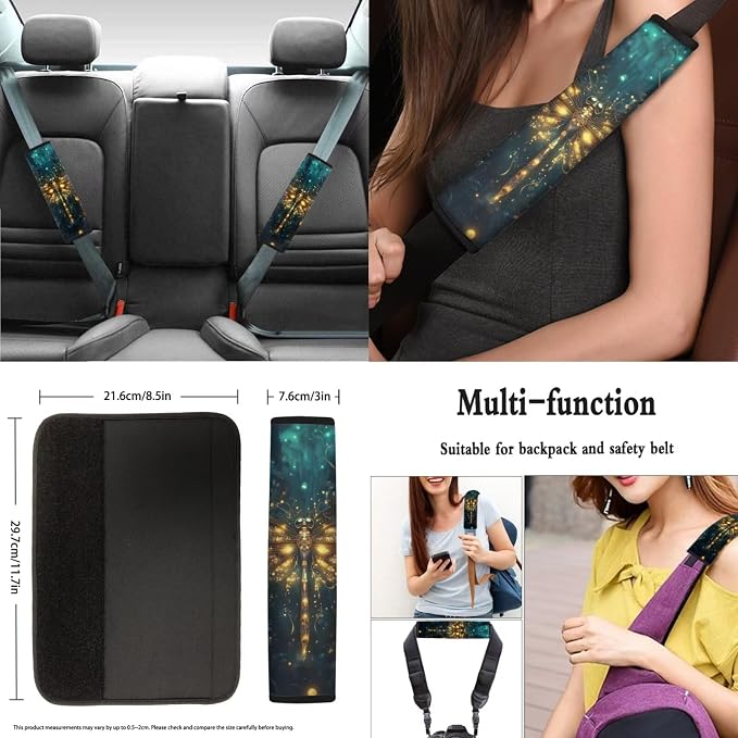8 Pcs Green Dragonfly Car Accessories for Women Car Seat Covers Full Set with Front Seat Cover Steering Wheel Armrest Cover Seat Belt Cover for Auto SUV Interior Decoration