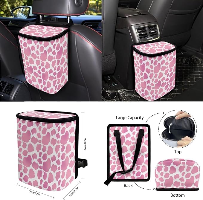 Cow Print Car Seat Covers Full Set with Steering Wheel Cover for Women Universal Auto Interior Accessories for Truck Sedan SUV Decorative Safety Belt Pads Cup Cushions, Pink