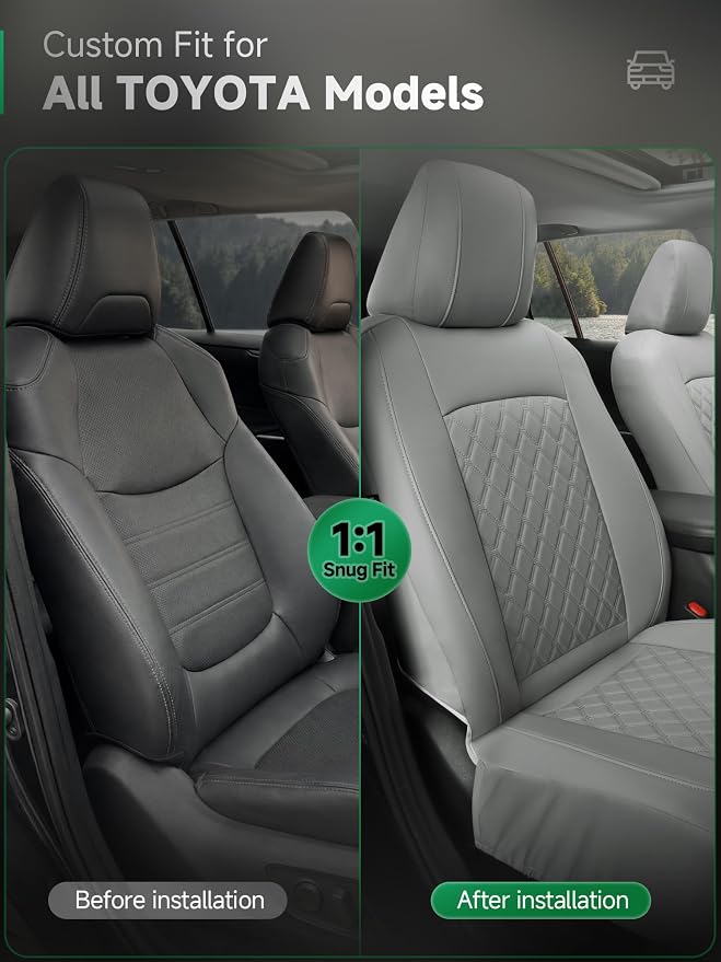 GIANT PANDA 2PCS Front Car Seat Cover for Toyota Rav4 Camry Highlander Corolla Prius Corolla Cross Venza Avalon, Faux Leather Bucket Seat Covers (Grey)