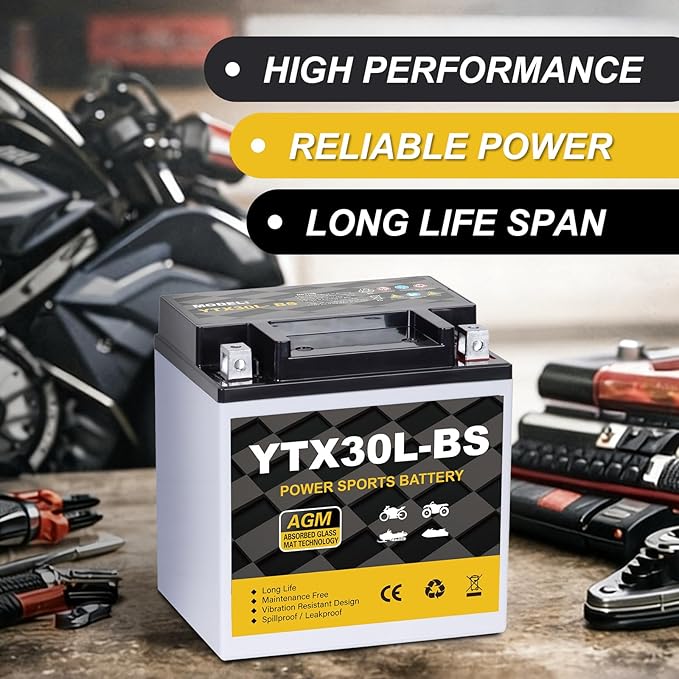 YTX30L-BS Motorcycle Battery 12V 30Ah 400CCA, Maintenance Free Sealed AGM Powersport Battery, Replacement for ATV UTV Harley, YTX30L-BS / ETX30LA / YIX30L