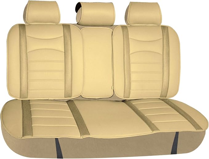 FH Group Car Seat Cover Cushion - Rear Seat Covers for Cars Trucks SUV, Faux Leather Car Seat Cushions, Waterproof Car Seat Cover Cushion, Universal Fit Car Seat protector Rear Set Beige Tan