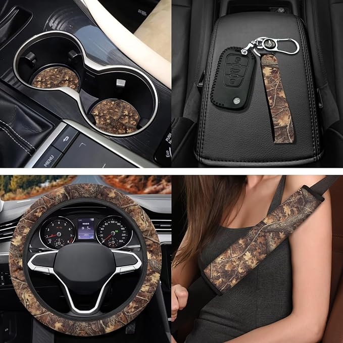 Camo Hunting Forest Car Seat Covers 11 Pieces Car Rear View Mirror Cover Steering Wheel Cover Auto Seat Belt Cover Gear Lever Cover Hand Brake Cover for Cars SUV