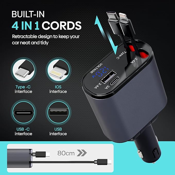 Retractable Car Charger | 4 in 1 Fast Car Phone Charger 120W | Retractable Cables and USB Car Charger | Compatible with iPhone 15/14/13/12/11, Galaxy, Pixel | Car Accessories | iPhone Car Charger
