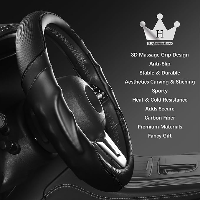 HighnessHwoo 3D Car Steering Wheel Cover Comfort Grip Massage Sporty Anti-Slip Carbon Fiber Faux Leather for F150, Trucks, Jeep, Van, Car Handle Covers for All Seasons, 15.2-16in, Black