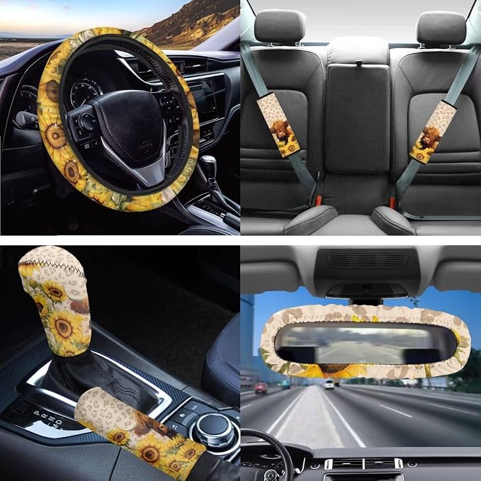 Highland Cow Car Seat Covers Full Sets+Cow Print Auto Front Rear Bench Seat Covers for Most Vehicle+Steering Wheel Cover+Keychain+Coaster+Mirror Covers+Seatbelt Pads for Women