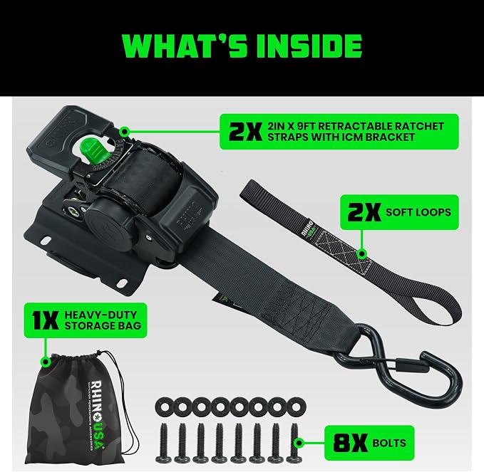 Ford Only – Rhino USA Integrated Cargo Magic Bed-Mounted Retractable Ratchet Straps (2PK) for Ford F150 (2015+) & F250 (2017+) – BoxLink Compatible, 360° Swivel, Heavy-Duty Tie Downs