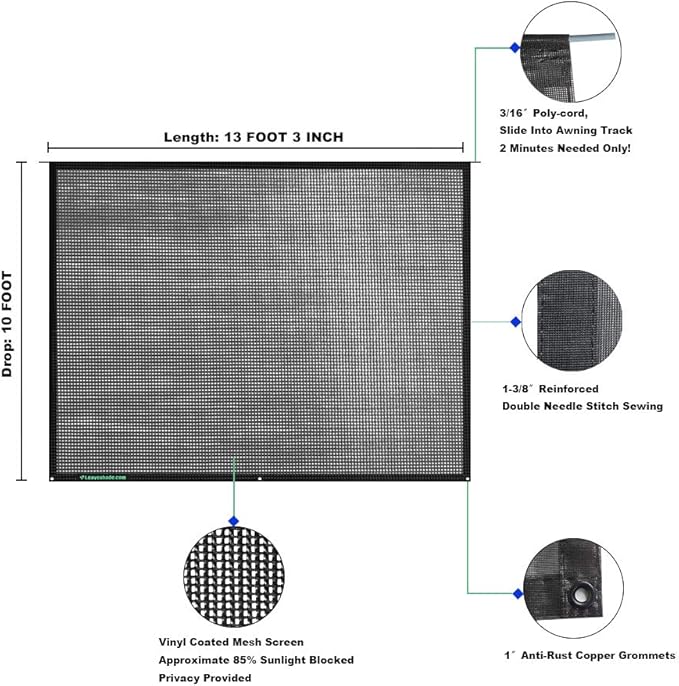 Leaveshade RV Awning Sun Shade Screen 10' X 13' 3'' (Fit for 14' Awning) Mesh Sunshade Block Front Glary Motorhome Camping Trailer Awning Screenshade UV Sunblocker - 3 Year Warranty (Black)