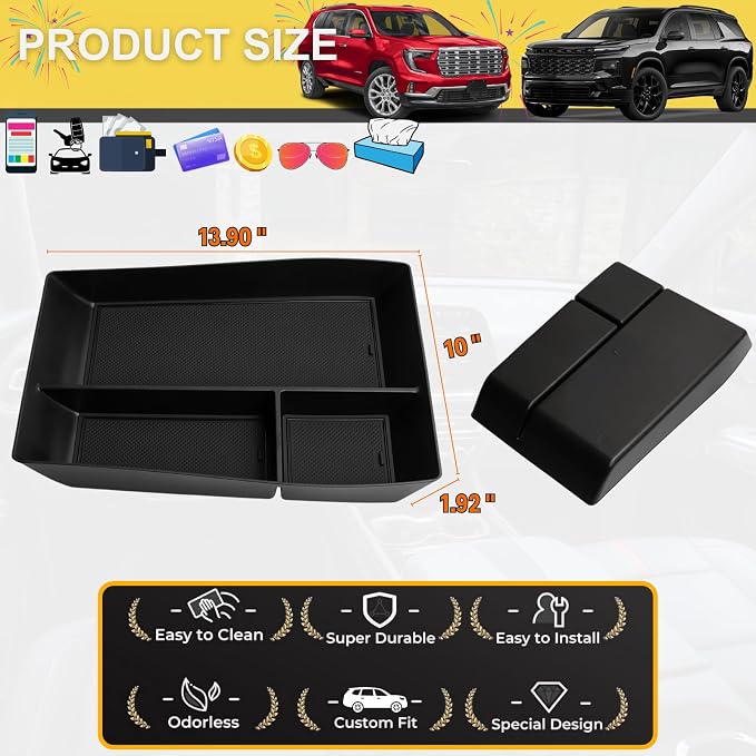 Lower Center Console Organizer Tray for 2026 2025 2024 Chevy Traverse Z71/GMC Acadia Elevation/AT4/Denali Console Storage Compartments Interior Accessories - ABS, Black