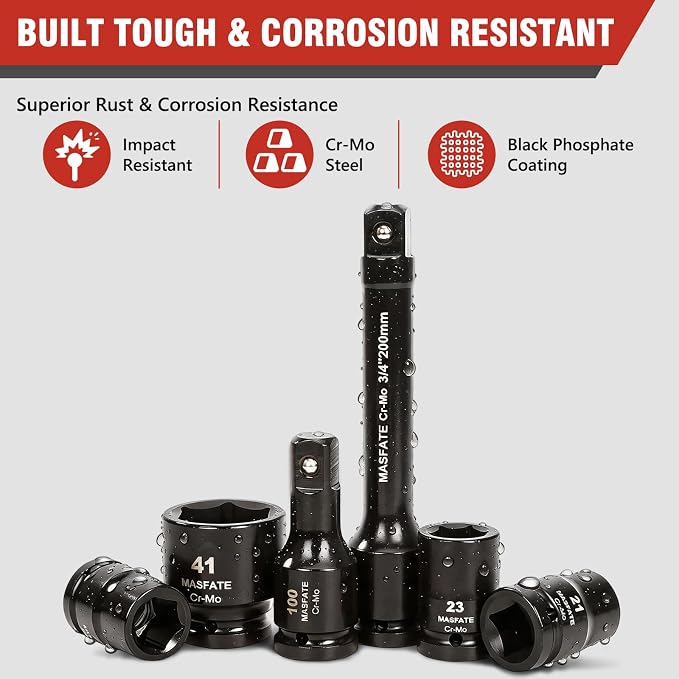3/4" Impact Socket Set 27PCS,Metric Shallow Sockets 19-60mm | CR-MO Steel,6-Point,3 Extension Bars,Sliding T-Handle & Long Ratchet,heavy duty for truck & industrial repair