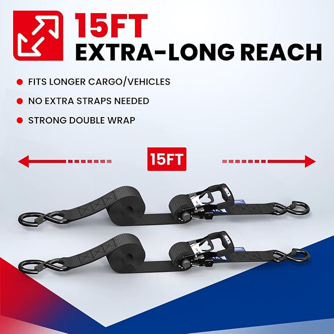MOCA 15ft Heavy Duty Ratchet Tie Down Straps 1.6" x 15' (5,200 Lbs Breaking Strength), Tie Down Straps with Coated Chromoly S Hooks for Trucks, Cargo, Motorcycle, Cargo & More, Carry Bag, Black
