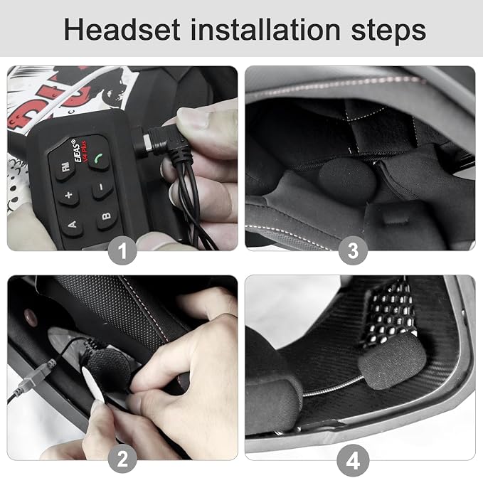 EJEAS V4 Plus Motorcycle Helmet Bluetooth Intercom, Bluetooth 5.1 Motorcycle Headset with CVC Noise Reduction and FM Radio Function for 4 Riders Talk at The Same Time Within 1500M (2 Pack)