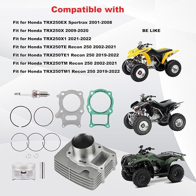 72MM Big Bore Cylinder Piston Ring Top End Kit Compatible with Honda TRX250 TRX250EX X TE 2x4 ES 2002-2025 12100/12251-HN6-000