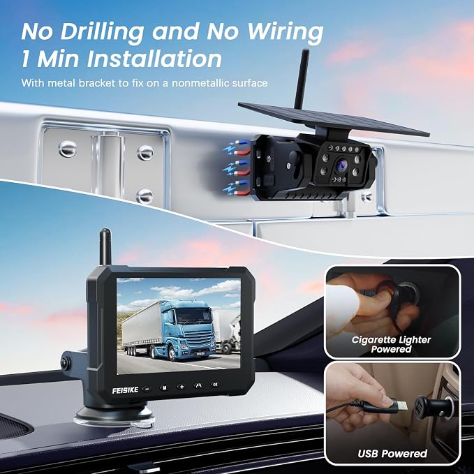 Magnetic Solar Wireless Backup Camera for Truck, 5 Inch No-Drill Installation RV Backup Camera, 1080P Rear View Camera 150° Wide Angle, 24hrs Battery Life, 2.4GHz Signal, Night Vision, RVs, Trailers