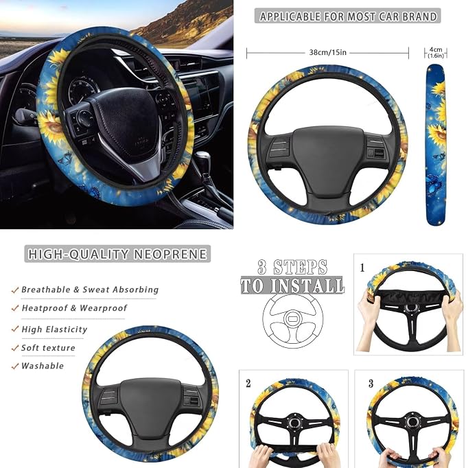 8 Pcs Sunflower Butterfly Car Interior Accessories Set for Women, Car Seat Covers Full Set with Auto Steering Wheel Cover Auto Center Console Pad Seat Belt Covers