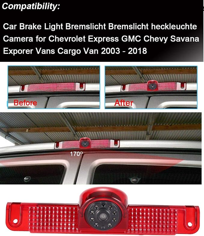 Car Third Roof Top Mount Brake Lamp Light Rear View Reverse Parking Camera,Replacement for Chevrolet Express GMC Chevy Savana Exporer Vans Cargo Van 2003-2018
