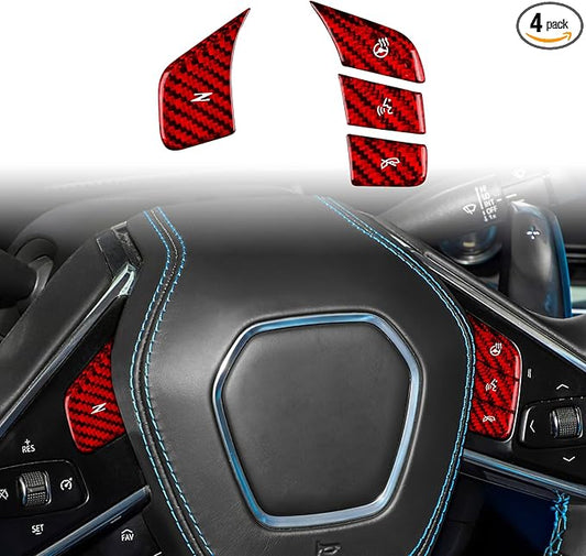 Hard Carbon Fiber, for Corvette C8 2020 2021 2022 2023 Accessories, Steering Wheel Voice Control Button Cover, 4Pcs Car Steering Wheel Button Sticker, with Heated Button