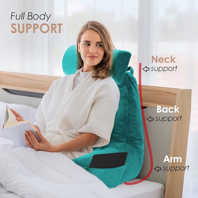 Nestl Reading Pillow with Shredded Memory Foam Includes 2 Neck and Lumber Support Pillows, Designed for Sitting Up in Bed and Couch, Back and Arms Adjustable Support for Adult & Teens, Teal