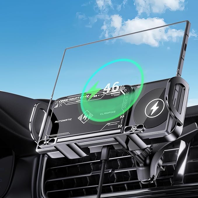 Wireless Car Charge, 2 in 1 Auto Rotating Car Phone Holder, 15 Watt Dual Coil Wireless Fast Charging Phone Mount for Samsung Galaxy Z Fold 7/6/5/4/3/2 and Small ipad and iPhone