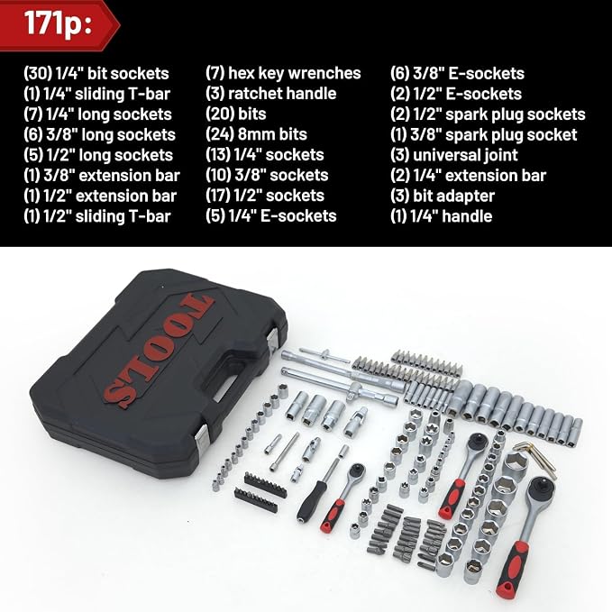 171 Pieces Socket Set, 1/4 and 3/8 Inch Drive Mechanic Tool Set, Motorcycle Tool Kit with Ratchet Handle, Universal Joint, Extension Bar, Home Auto Repair Set (171p)