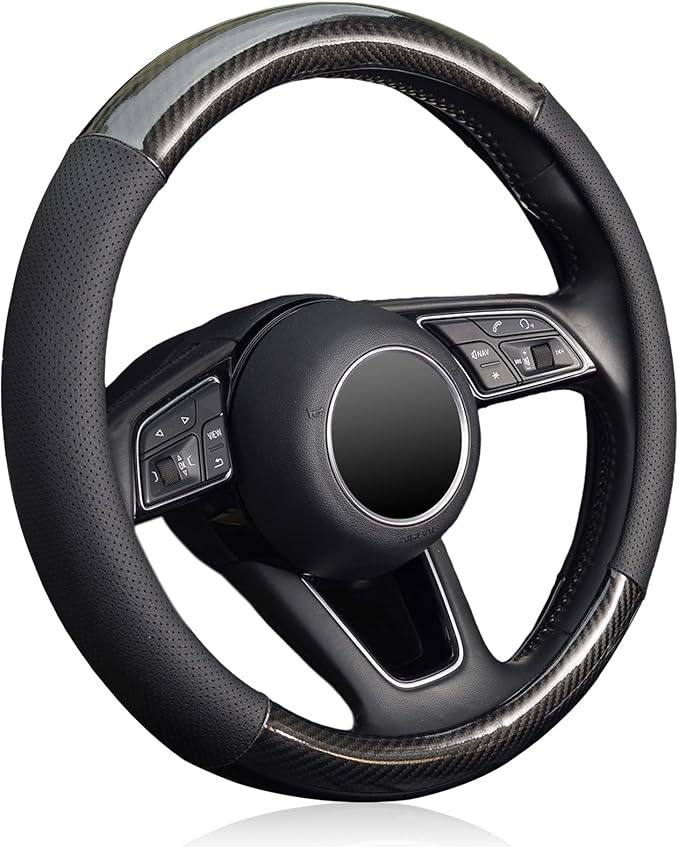KAFEEK 16 inch Classic Carbon Fiber Steering Wheel Cover Compatible with F150 F250 F350 Ram 4Runner Tacoma Tundra Range Rover, Breathable Microfiber Leather, Black