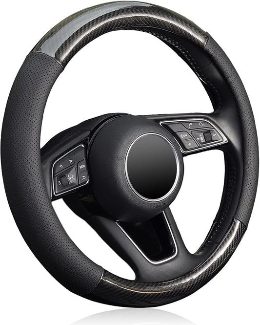 KAFEEK 16 inch Classic Carbon Fiber Steering Wheel Cover Compatible with F150 F250 F350 Ram 4Runner Tacoma Tundra Range Rover, Breathable Microfiber Leather, Black