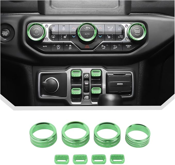 JeCar for Jeep Wrangler JL & Gladiator JT Window Switch Button Knob Cover Trim Kit, Green Aluminum Interior Decoration Accessories (2018–2024 2025+)