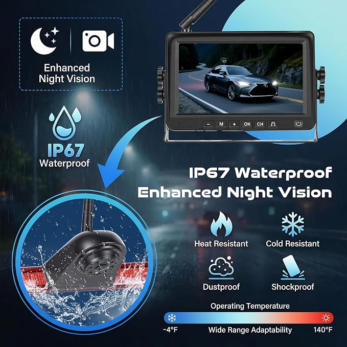 Wireless High Mount Backup Camera System for Mercedes Sprinter 2006-2019 with 7-Inch HD Monitor, Roof Mount Reverse Parking Camera, IR Night Vision, IP68 Waterproof
