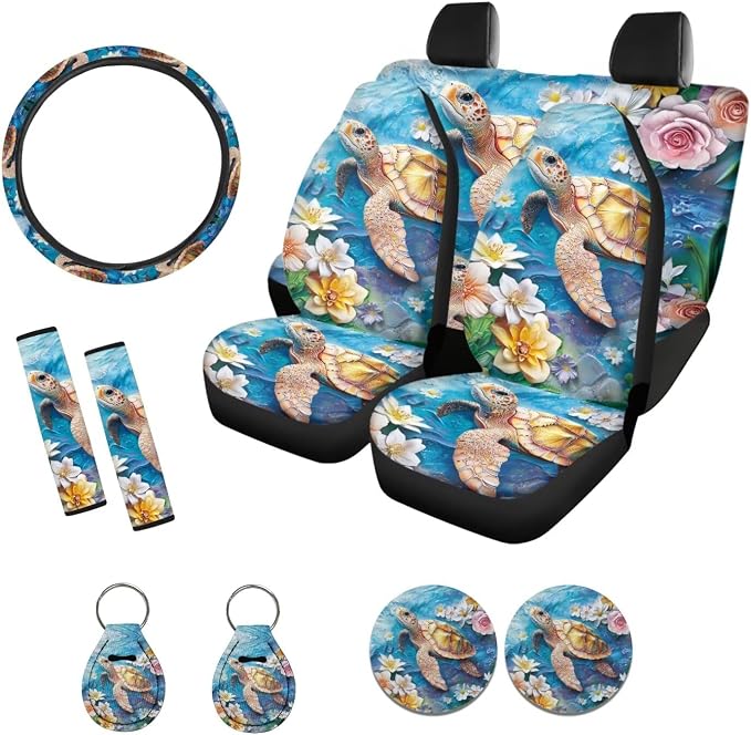 Suobstales Turtle Flower Print Car Accessories Car Seat Covers Full Set with Steering Wheel Cover + Seat Belt Covers Shoulder Pads + Coasters + Keychains Interior Cover Set of 11