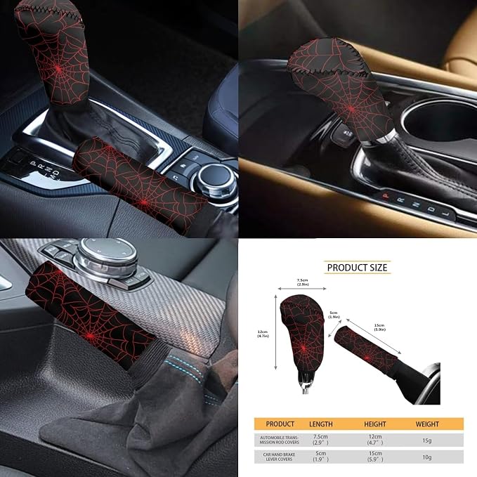 KEIAHUAN Red Spider Web Car Seat Cover Set 11 Pieces Full Set with Car Shift Gear Stick Hand Brake Cover Steering Wheel Cover Headrest Cover Coaster Pad Halloween Decoration