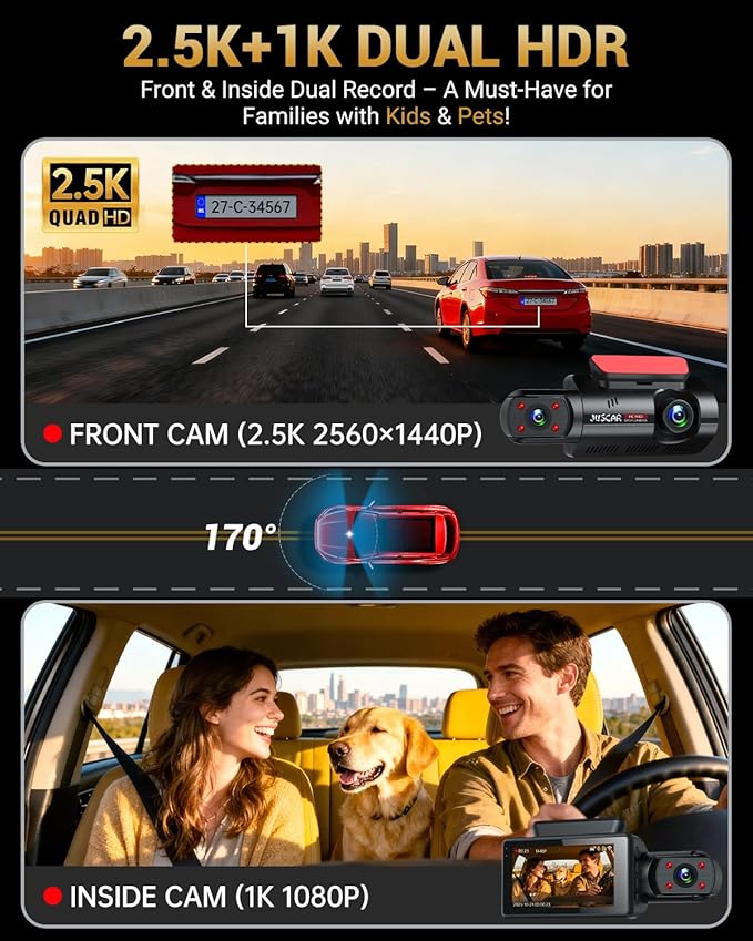 2.5K+1080P Dual Dash Cam Front and Inside, WiFi & GPS Dash Camera for Cars with 32G Card, IR Night Vision, 3" IPS Screen, Inside Car Camera for Taxi Driver, Support 256GB Max, App Control
