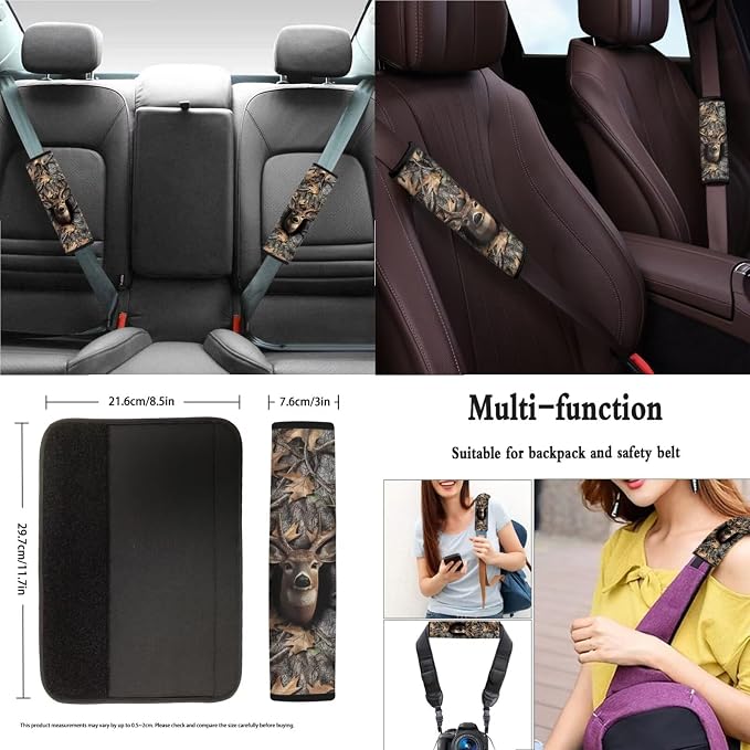 Suobstales Deer Hunting Camo Print Car Accessories Car Seat Covers Full Set of 11, Auto Interior Cover Seat Protector with Steering Wheel Cover, Seat Belt Pads, Coaster, Keychains