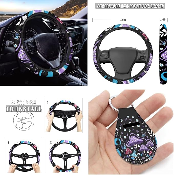 Mushroom Car Seat Covers Set of 12,70S Groovy Flower Butterfly Mushrooms Auto Seat Accessories Interior Set Non Slip 15 Inch Trippy Mushroom Cars Steering Wheel Cover,Keyring,Seatbelt Pad