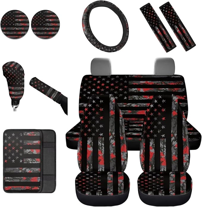 Dreaweet Hunting Camo Car Seat Covers Full Set for Men,Car Steering Wheel Cover,Seat Belt Pads,Armrest Cover,Cup Holder Coasters,Handbrake Cover with Gear Shift Knob Cover,12 Pcs Set